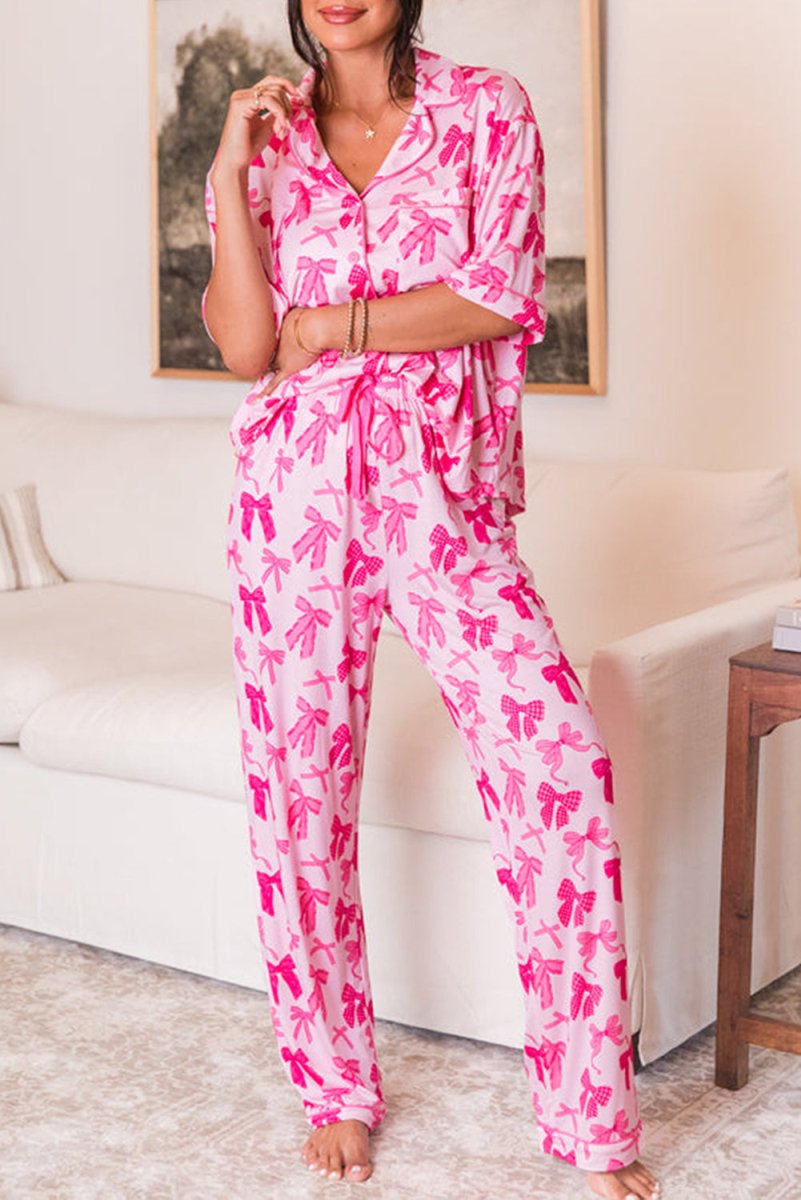 Pink Bow Knots Print Short Sleeve and Pants Pajamas Set - Klazzi Fashion Boutique