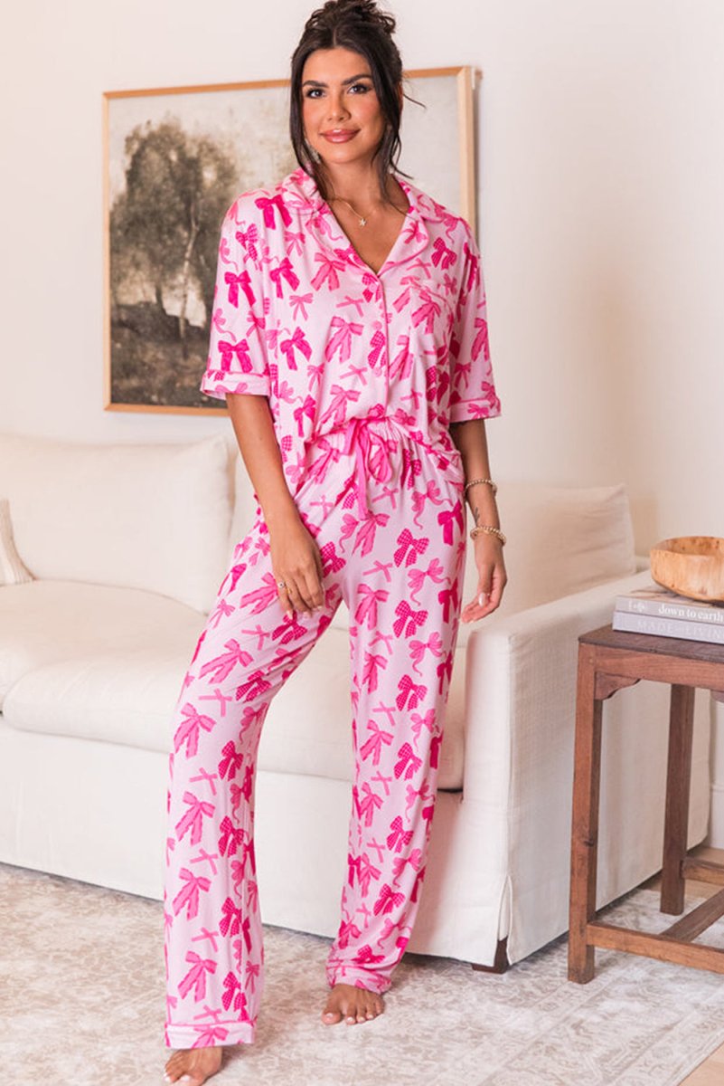 Pink Bow Knots Print Short Sleeve and Pants Pajamas Set - Klazzi Fashion Boutique