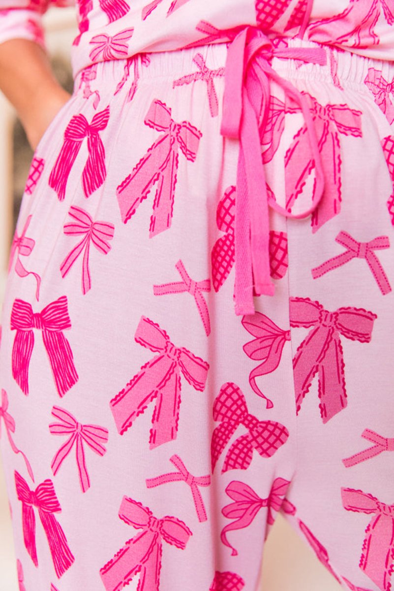 Pink Bow Knots Print Short Sleeve and Pants Pajamas Set - Klazzi Fashion Boutique