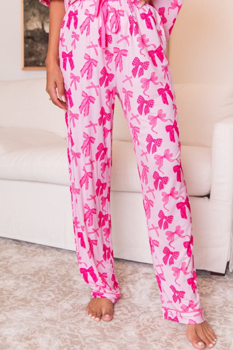 Pink Bow Knots Print Short Sleeve and Pants Pajamas Set - Klazzi Fashion Boutique