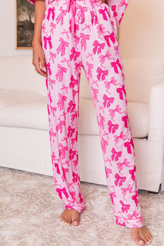 Pink Bow Knots Print Short Sleeve and Pants Pajamas Set - Klazzi Fashion Boutique