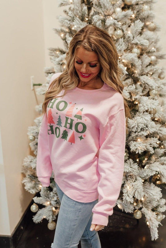 Pink Christmas "HO, HO, HO" Graphic Sweatshirt - Klazzi Fashion Boutique