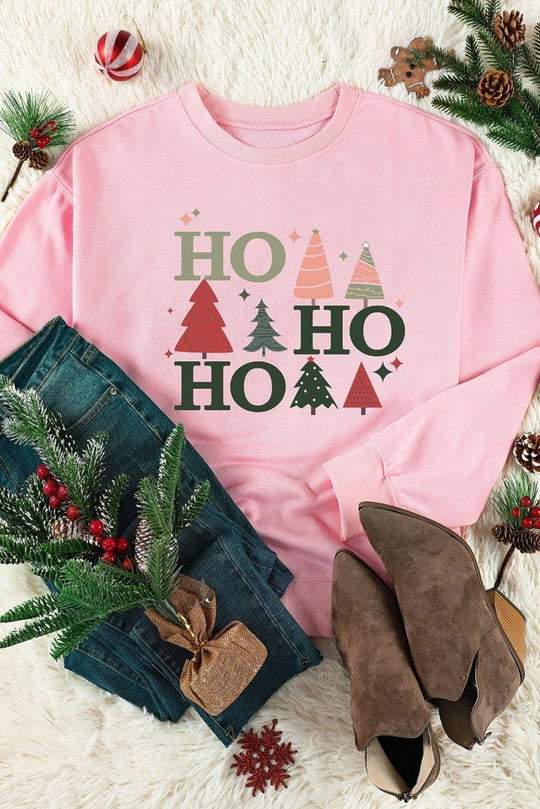 Pink Christmas "HO, HO, HO" Graphic Sweatshirt - Klazzi Fashion Boutique