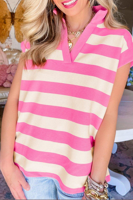 Pink Collar Stripe Cap Sleeve Top - Klazzi Fashion Boutique