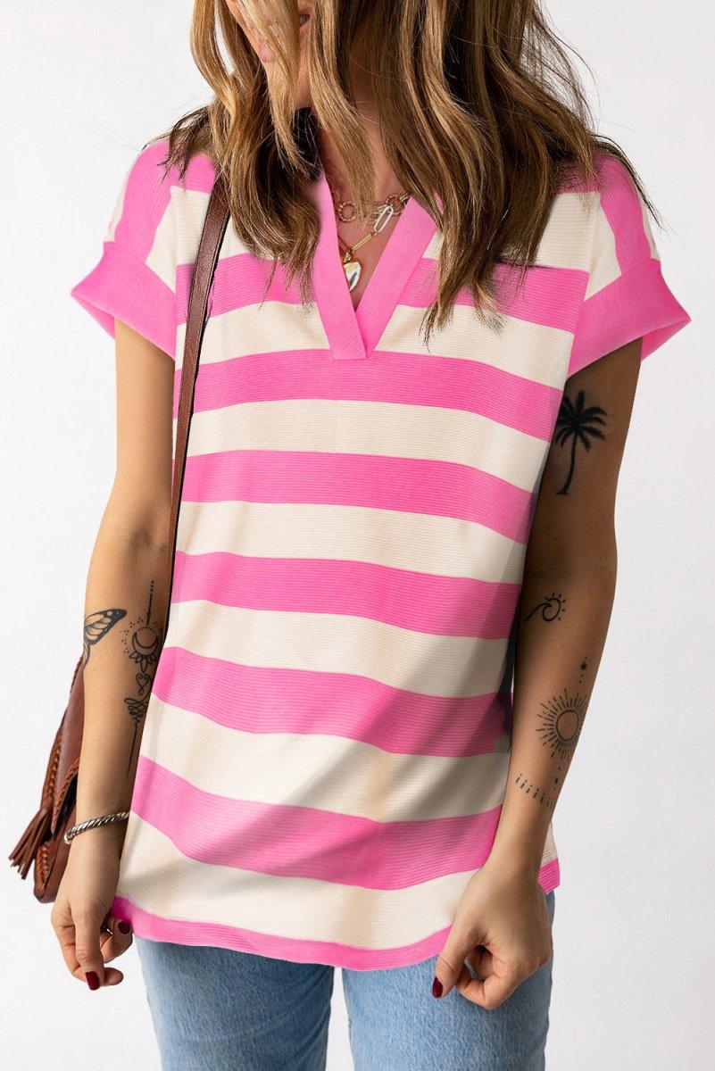 Pink Collar Stripe Cap Sleeve Top - Klazzi Fashion Boutique