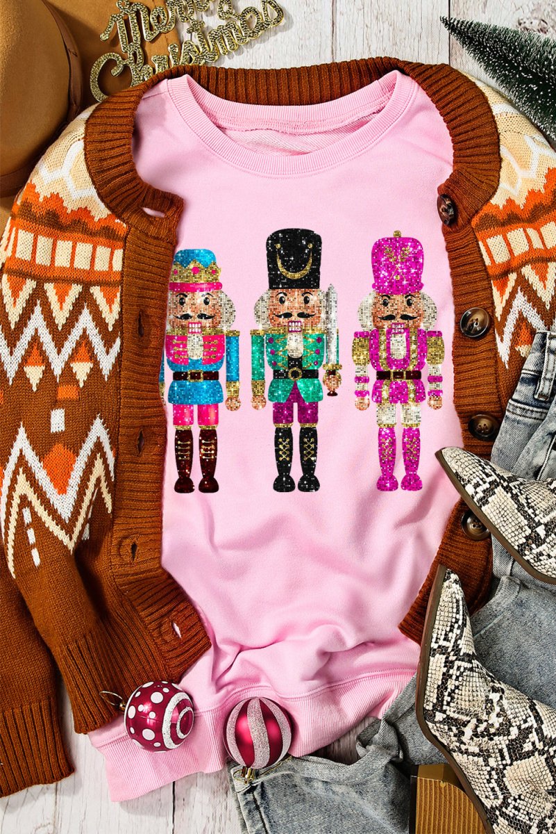 Pink Cute Multicolor Sequins Nutcracker Christmas Sweatshirt - Klazzi Fashion Boutique