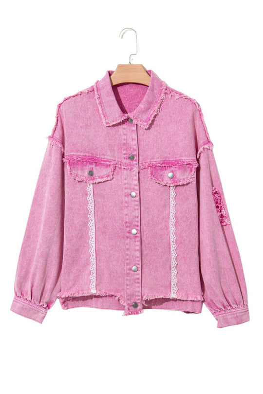 Pink Distressed Lace Denim Jacket - Klazzi Fashion Boutique