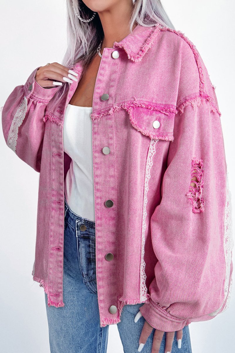 Pink Distressed Lace Denim Jacket - Klazzi Fashion Boutique