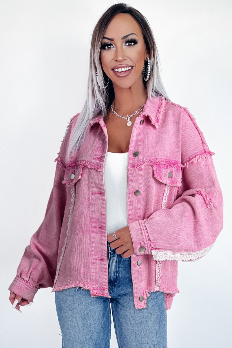 Pink Distressed Lace Denim Jacket - Klazzi Fashion Boutique