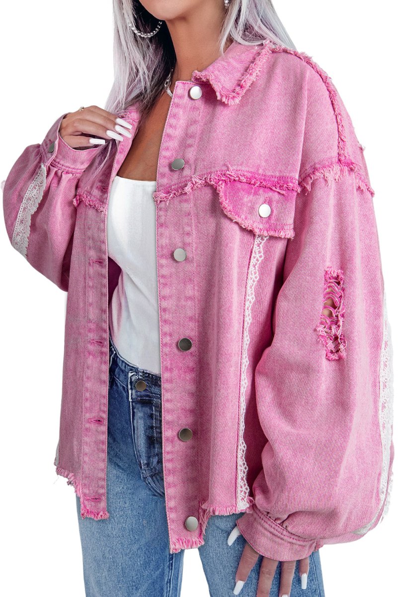 Pink Distressed Lace Denim Jacket - Klazzi Fashion Boutique