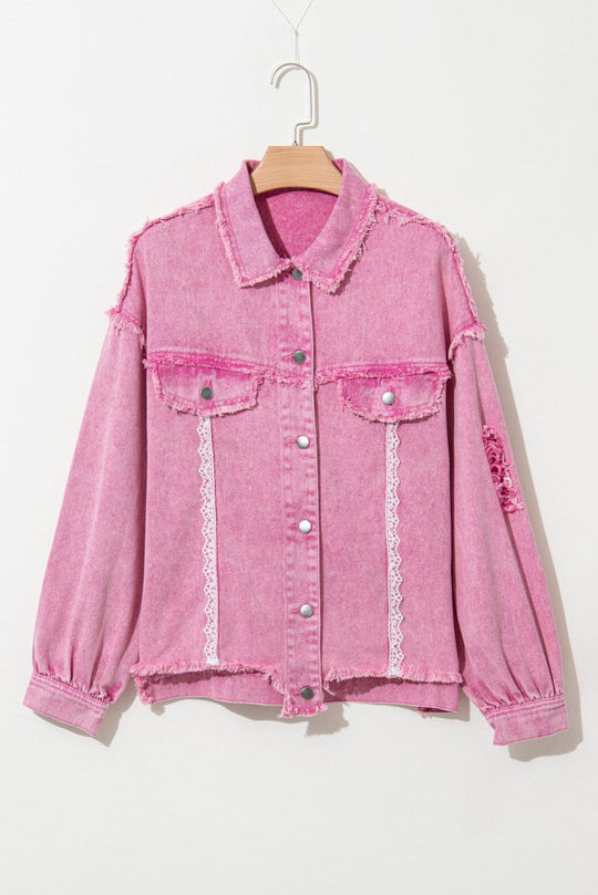 Pink Distressed Lace Denim Jacket - Klazzi Fashion Boutique