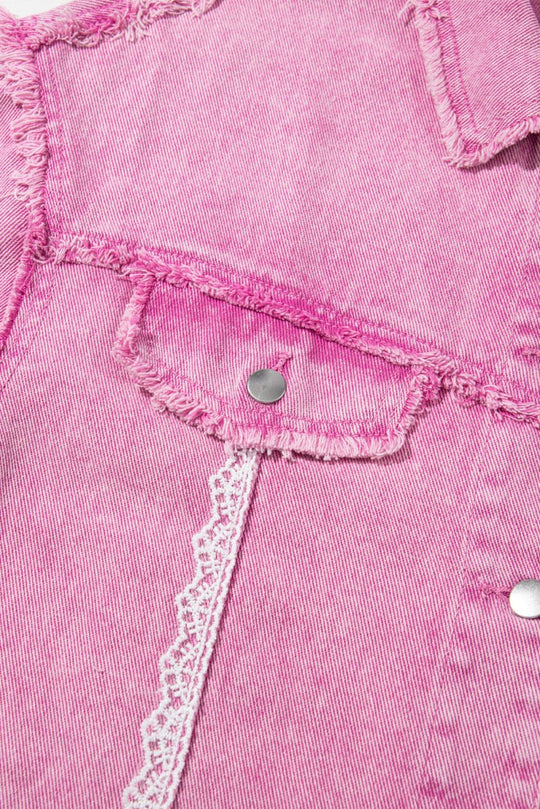 Pink Distressed Lace Denim Jacket - Klazzi Fashion Boutique