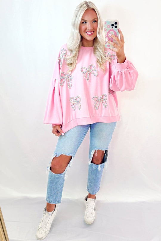 Pink Embroidered Bows Oversized Sweatshirt - Klazzi Fashion Boutique