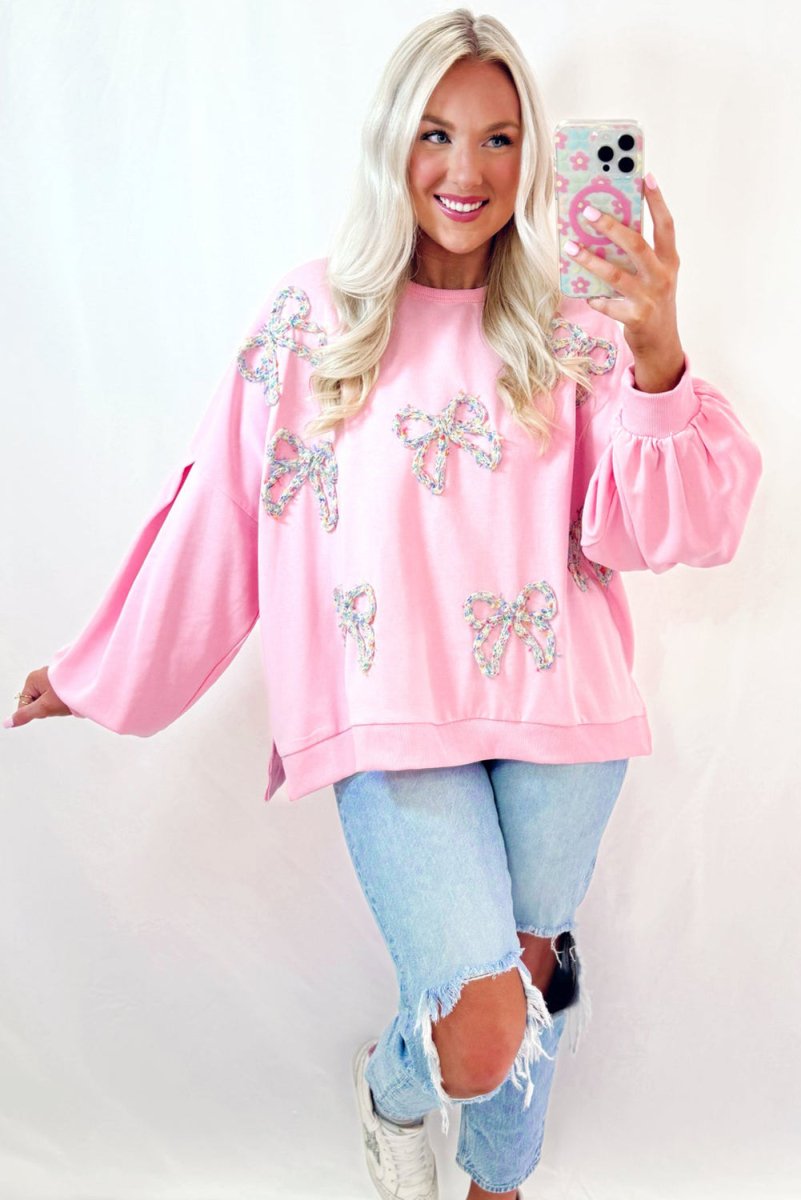 Pink Embroidered Bows Oversized Sweatshirt - Klazzi Fashion Boutique