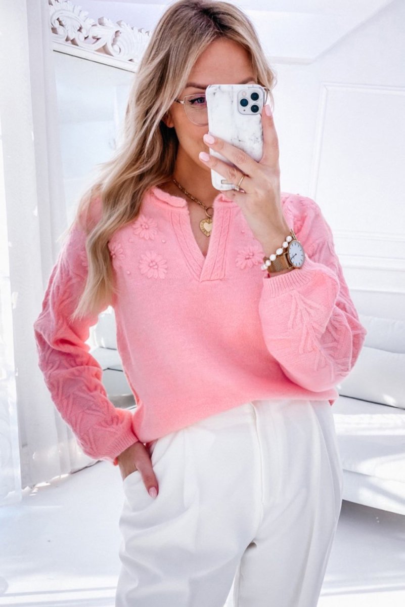 Pink Flower Blossom Knitted Sweater - Klazzi Fashion Boutique