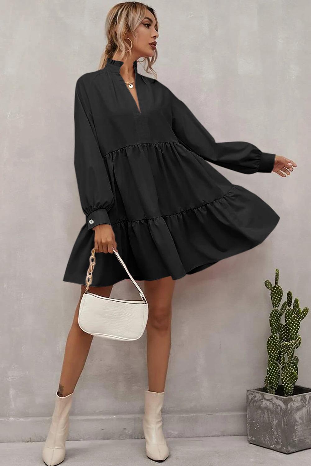 Collar Long Sleeve Ruffle Dress