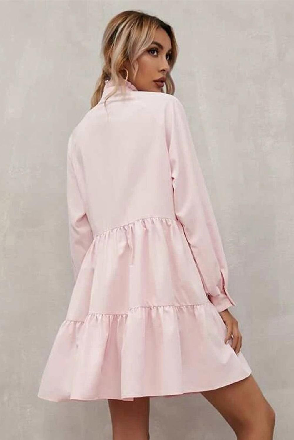 Collar Long Sleeve Ruffle Dress