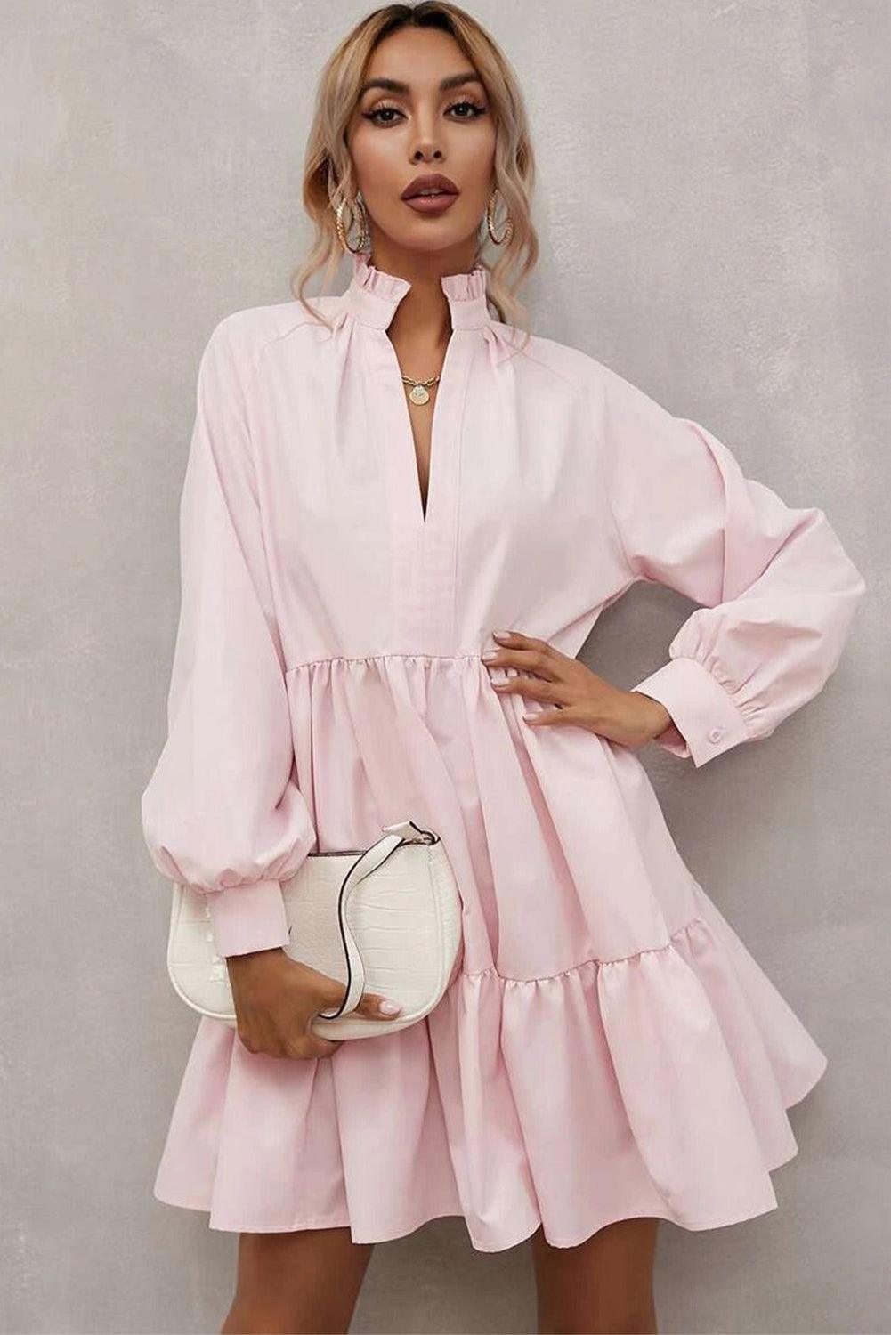 Collar Long Sleeve Ruffle Dress