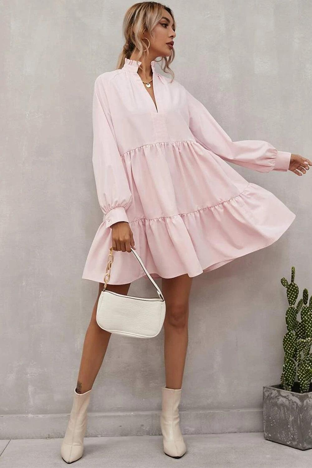 Pink Frilled Stand Collar Long Sleeve Ruffle Dress - Klazzi Fashion Boutique