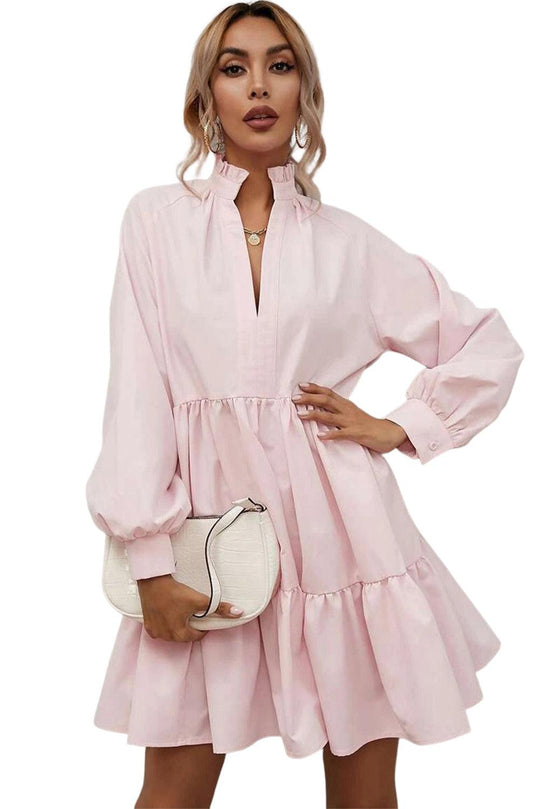 Pink Frilled Stand Collar Long Sleeve Ruffle Dress - Klazzi Fashion Boutique