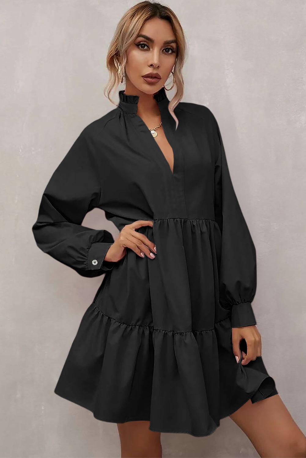 Collar Long Sleeve Ruffle Dress