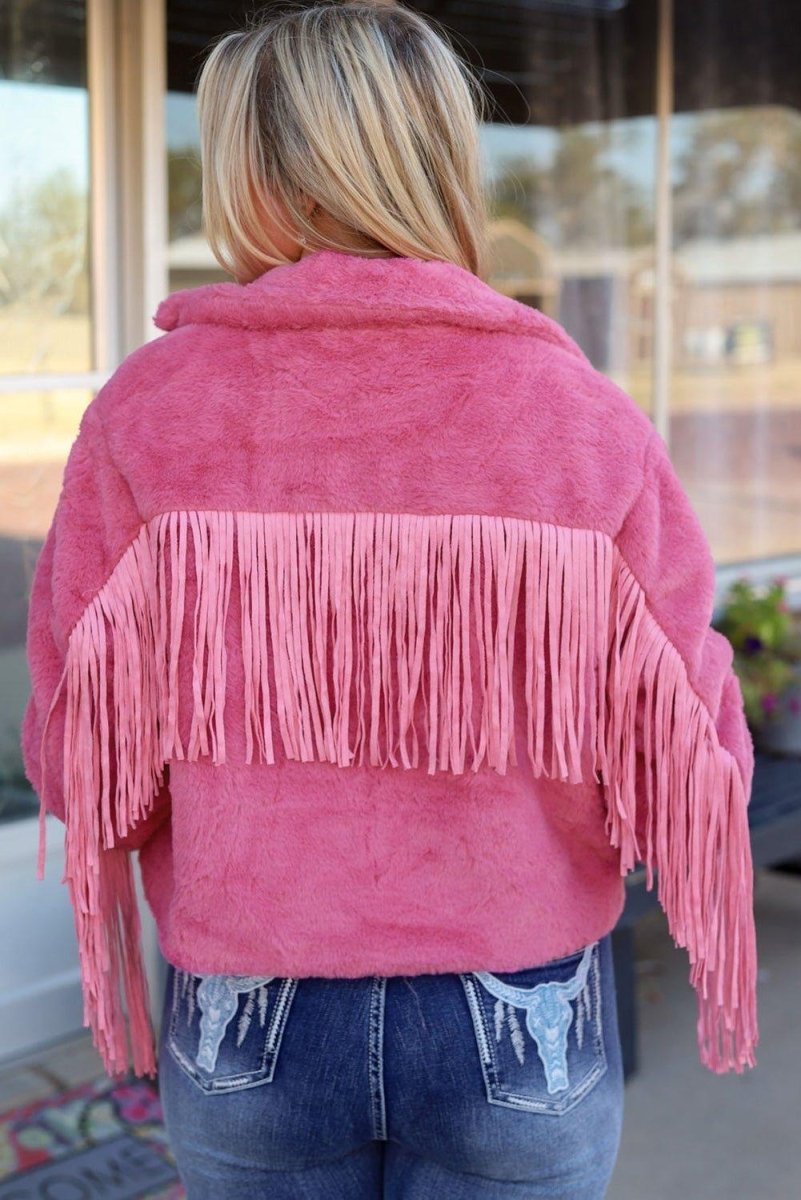 Pink Fringy Fleece Jacket - Klazzi Fashion Boutique