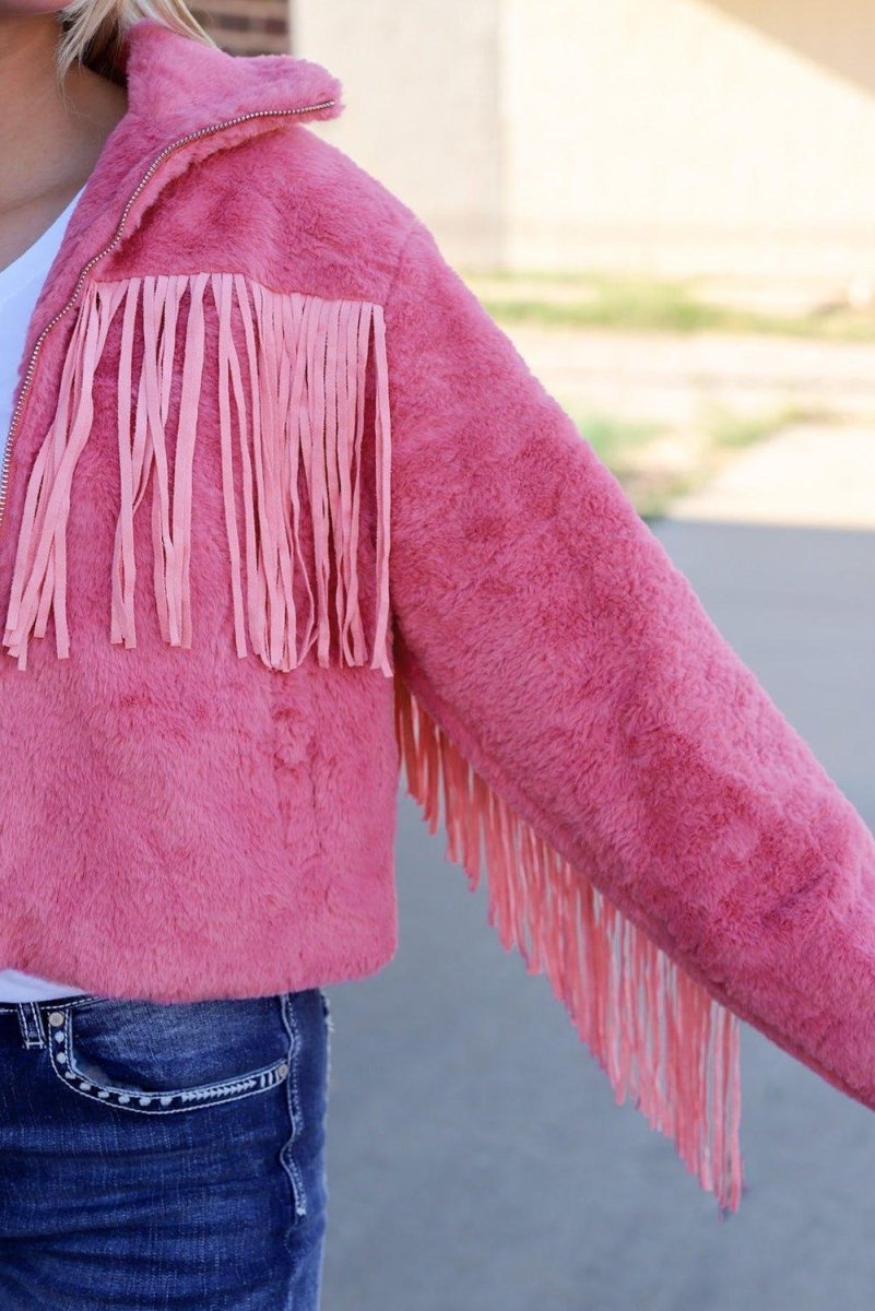 Pink Fringy Fleece Jacket - Klazzi Fashion Boutique