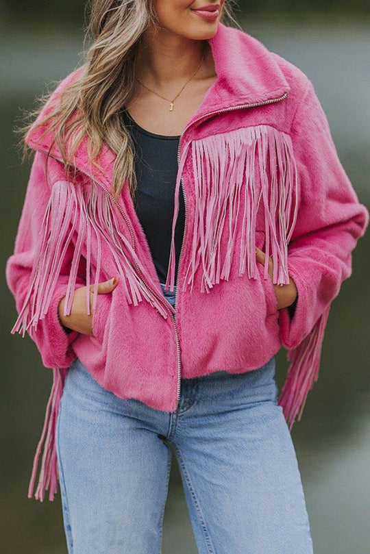 Pink Fringy Fleece Jacket - Klazzi Fashion Boutique