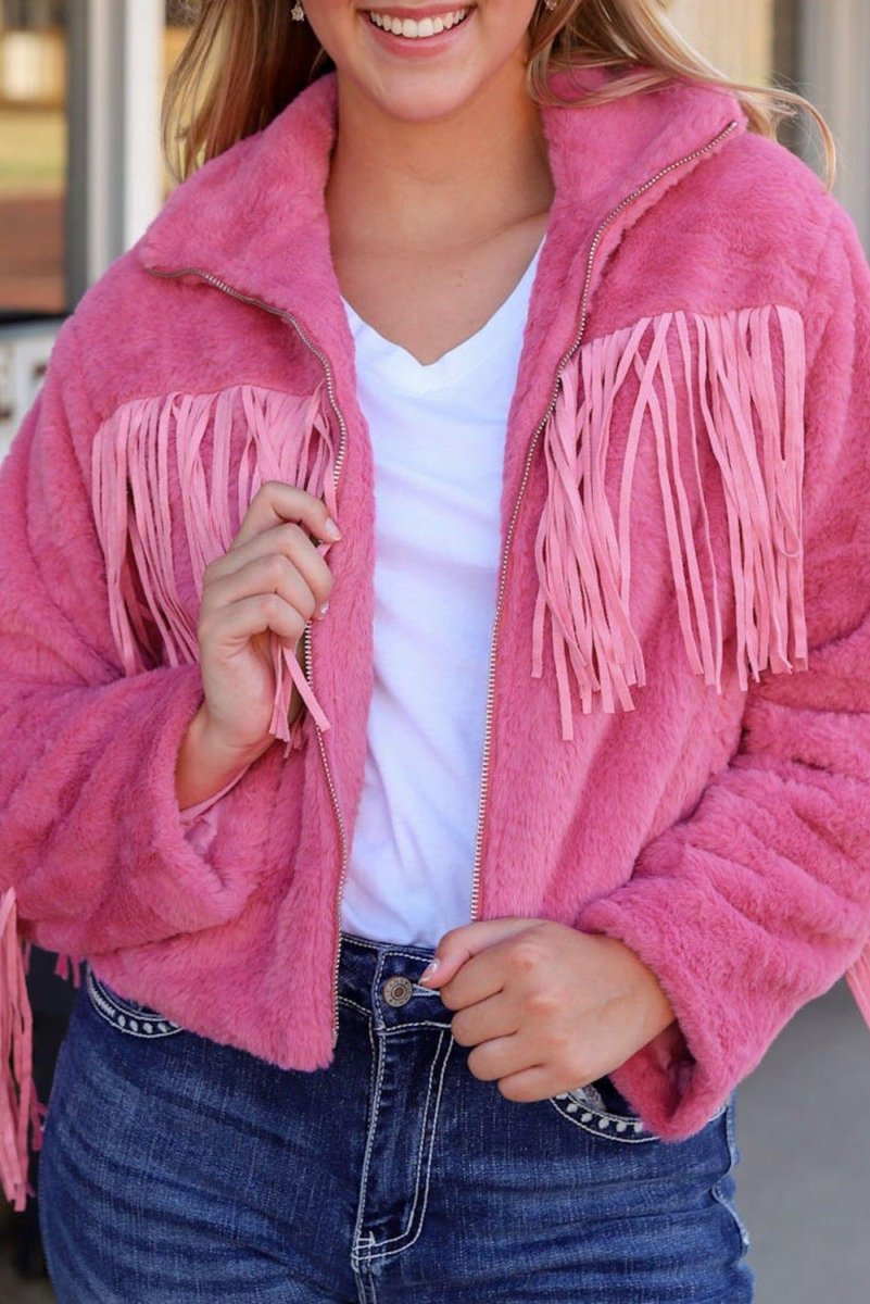 Pink Fringy Fleece Jacket - Klazzi Fashion Boutique