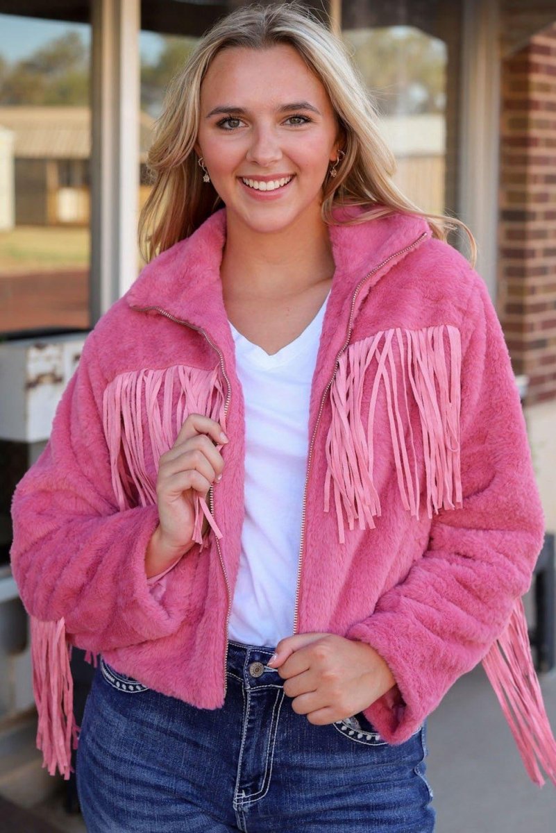 Pink Fringy Fleece Jacket - Klazzi Fashion Boutique