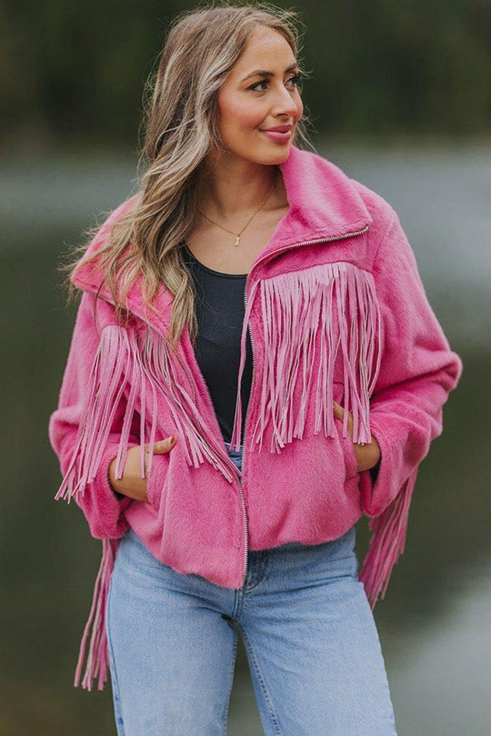 Pink Fringy Fleece Jacket - Klazzi Fashion Boutique