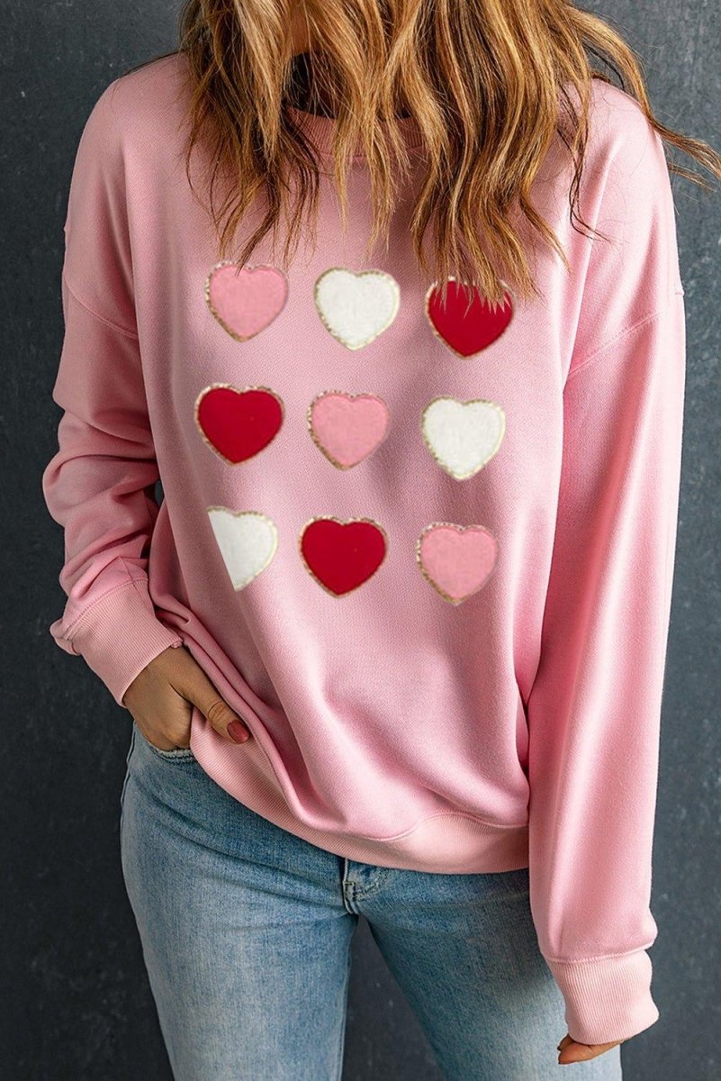 Pink Glitter Chenille Hearts Valentines Sweatshirt - Klazzi Fashion Boutique