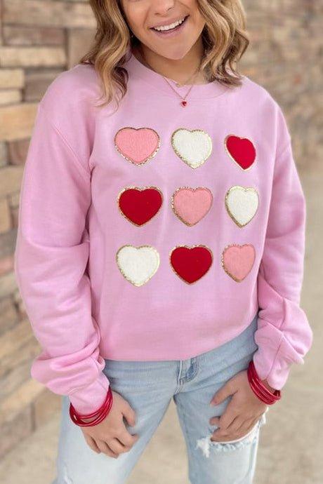 Pink Glitter Chenille Hearts Valentines Sweatshirt - Klazzi Fashion Boutique