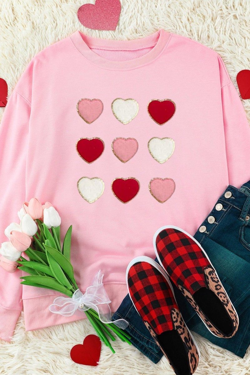 Pink Glitter Chenille Hearts Valentines Sweatshirt - Klazzi Fashion Boutique