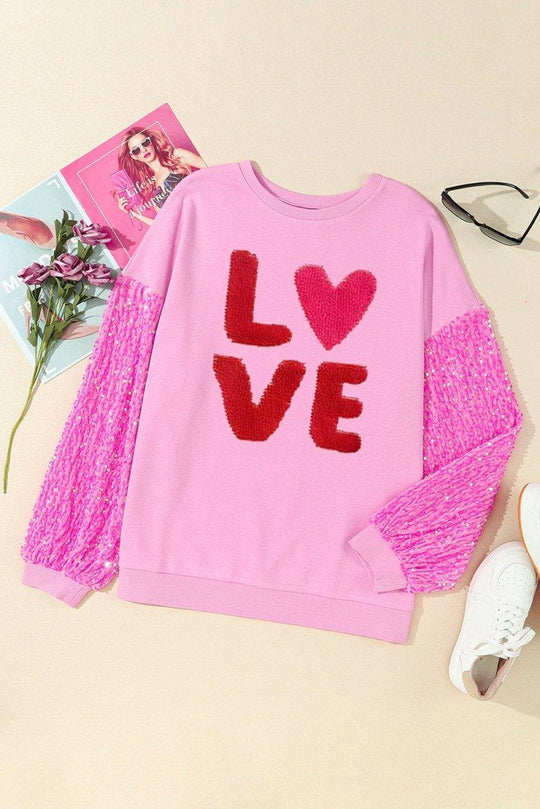 Pink Graphic "Love" Valentines Sequin Sweater - Klazzi Fashion Boutique