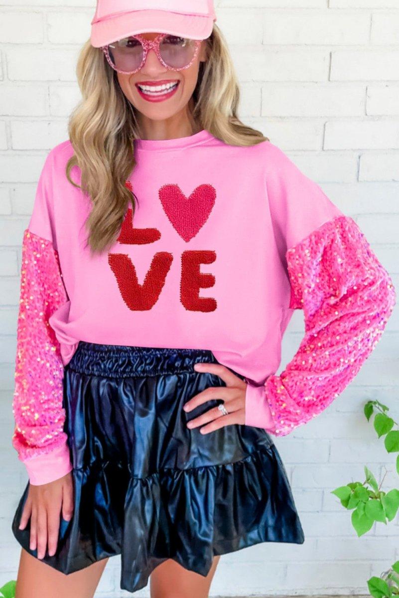 Pink Graphic "Love" Valentines Sequin Sweater - Klazzi Fashion Boutique