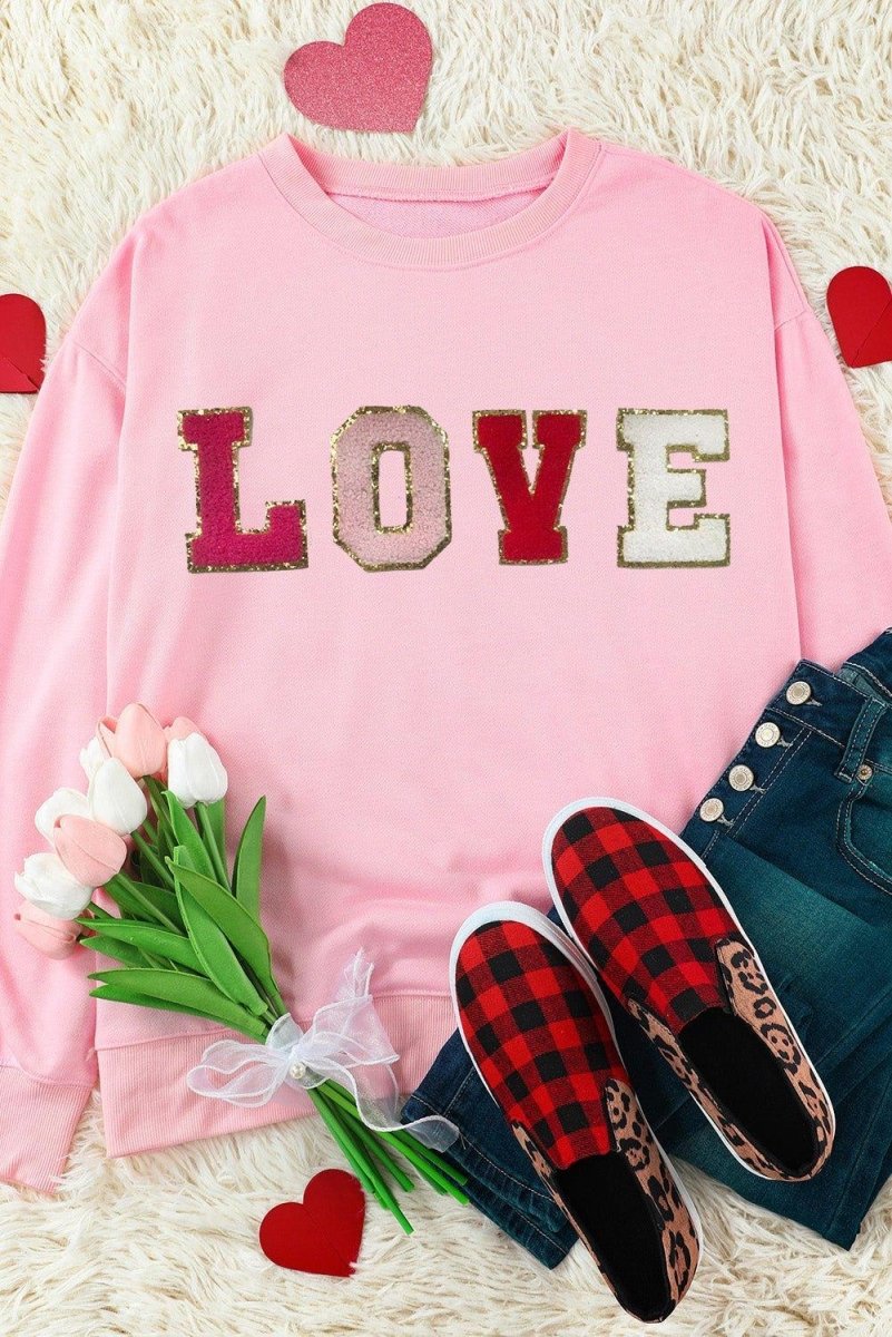 Pink "LOVE" Valentine Patch Sweatshirt - Klazzi Fashion Boutique