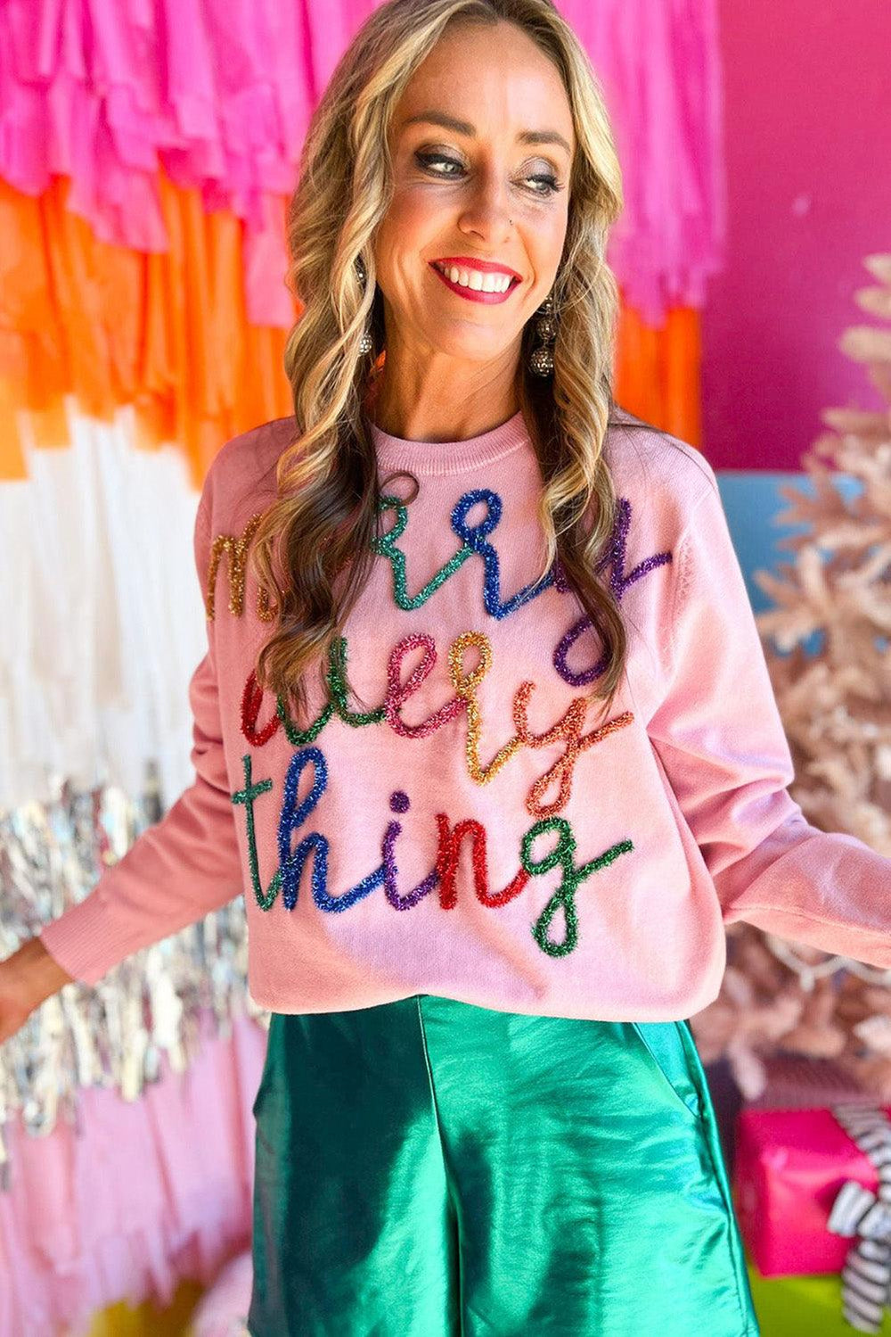 Pink Multicolor "Merry Everything" Christmas Sweater