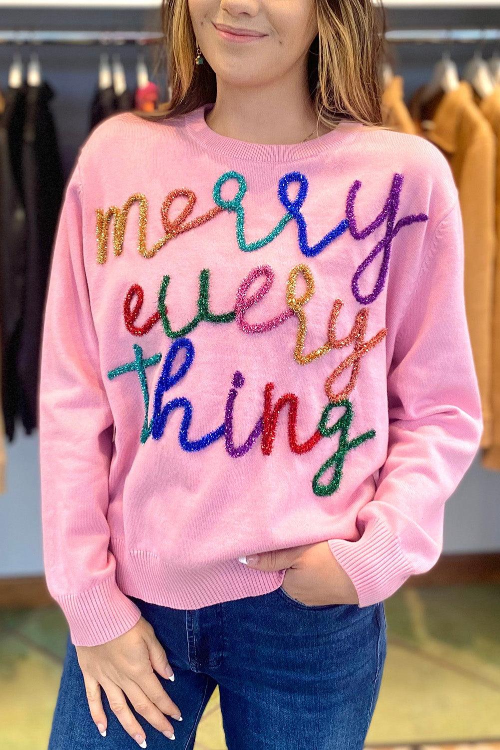 Pink Multicolor "Merry Everything" Christmas Sweater