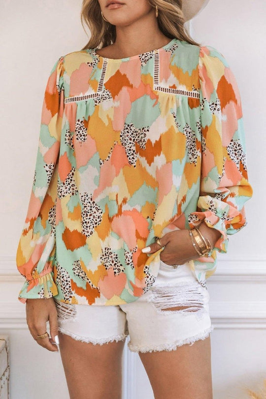 Pink Multicolor Abstract Long Sleeve Blouse - Klazzi Fashion Boutique