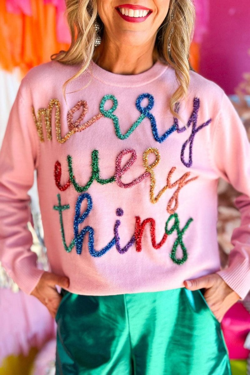 Pink Multicolor "Merry Everything" Christmas Sweater - Klazzi Fashion Boutique