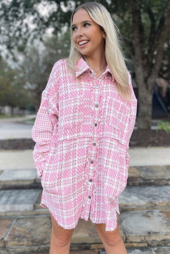 Pink Oversized Tweed Shacket - Klazzi Fashion Boutique