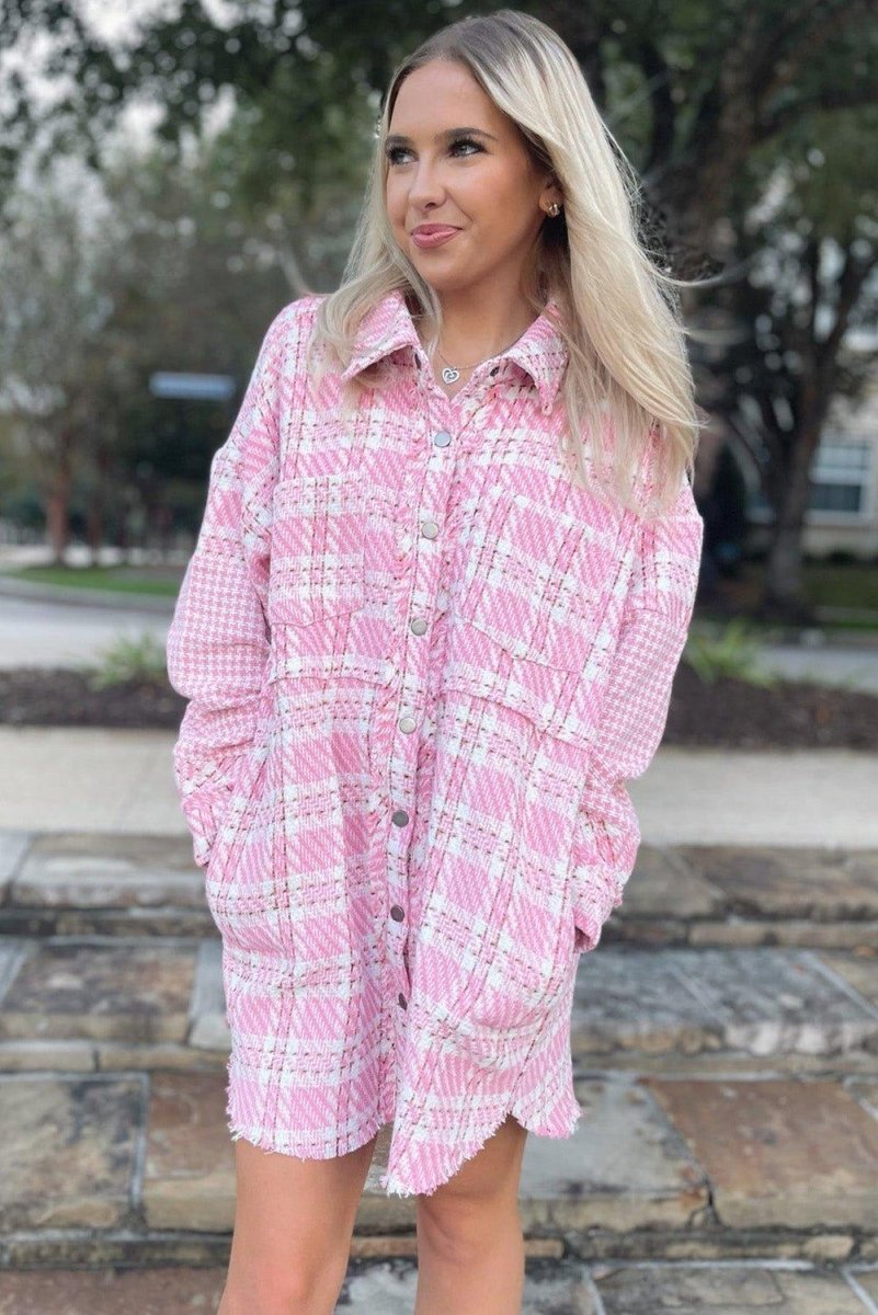 Pink Oversized Tweed Shacket - Klazzi Fashion Boutique