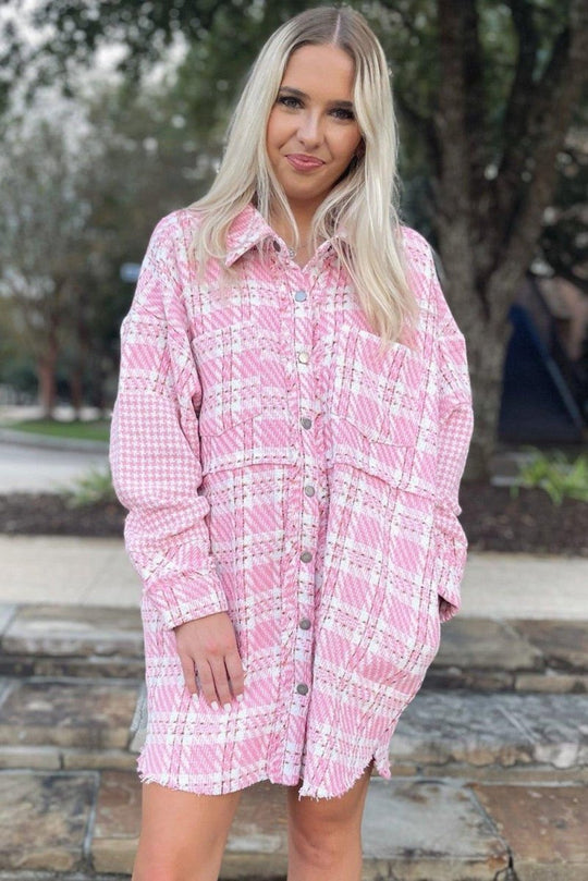 Pink Oversized Tweed Shacket - Klazzi Fashion Boutique