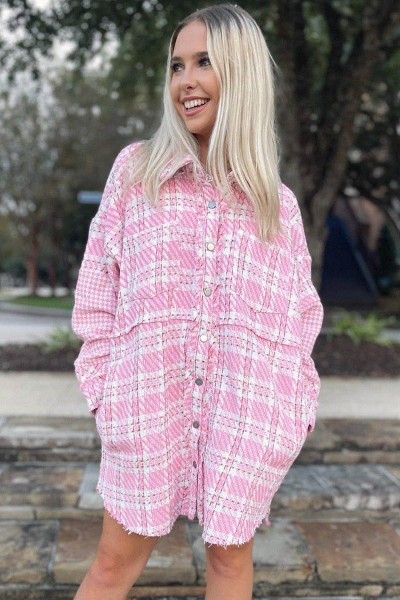 Pink Oversized Tweed Shacket - Klazzi Fashion Boutique