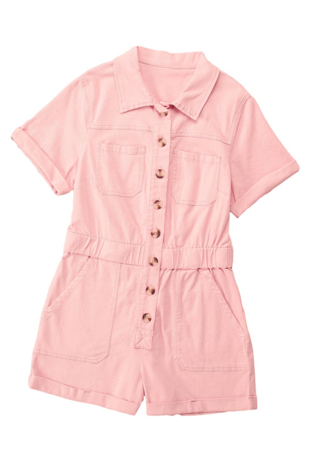 Pink Pocketed Button Down Denim Romper - Klazzi Fashion Boutique