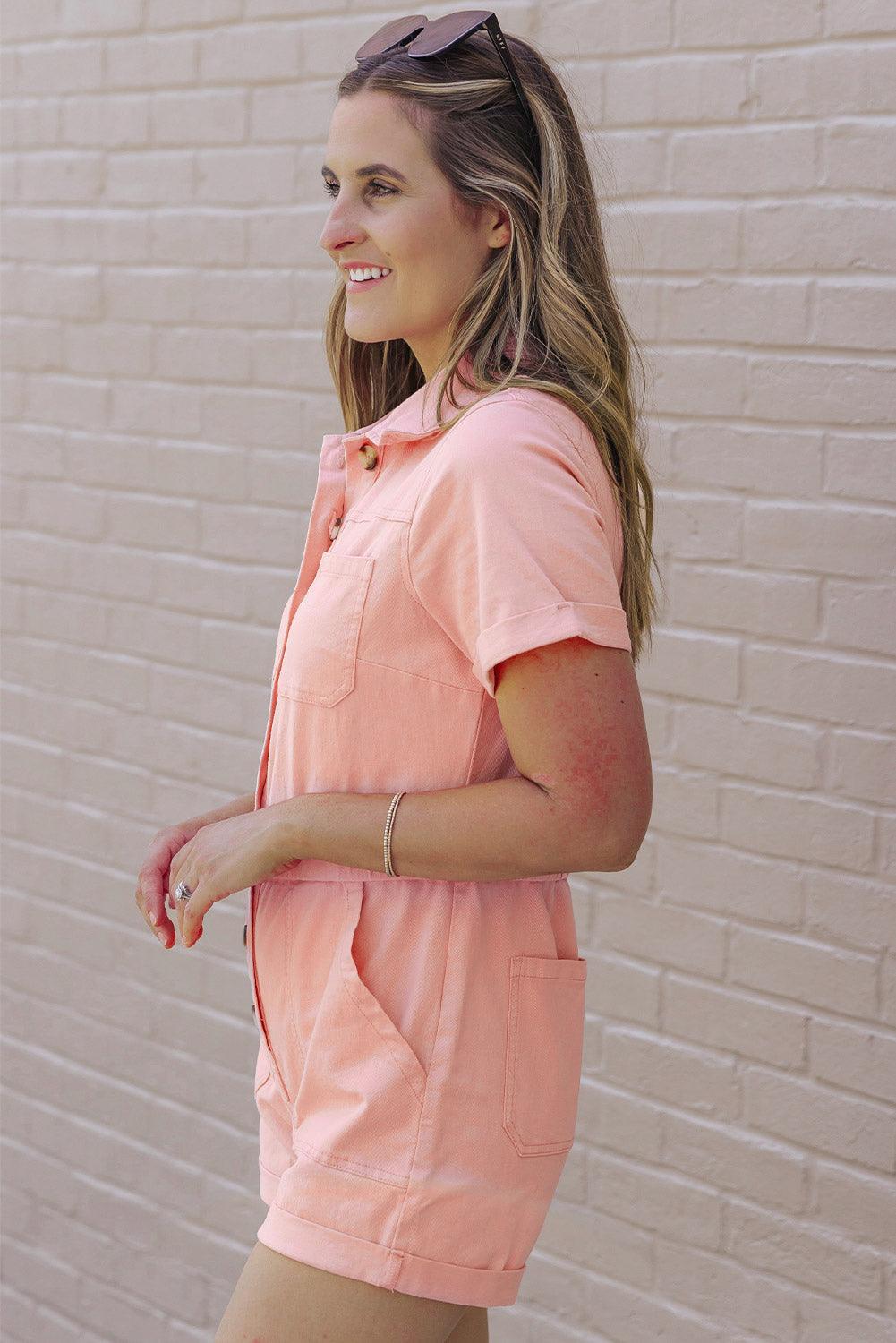 Salmon Denim Button Romper