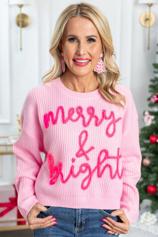 Pink Pop "Merry & Bright" Waffle Knit Sweater - Klazzi Fashion Boutique