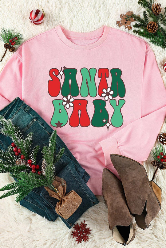 Pink "SANTA BABY" Sweet Daisy Graphic Sweatshirt - Klazzi Fashion Boutique