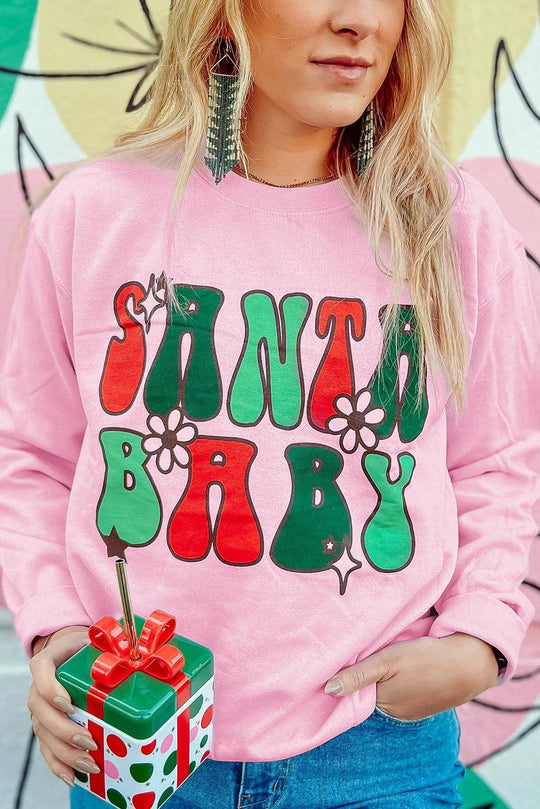 Pink "SANTA BABY" Sweet Daisy Graphic Sweatshirt - Klazzi Fashion Boutique